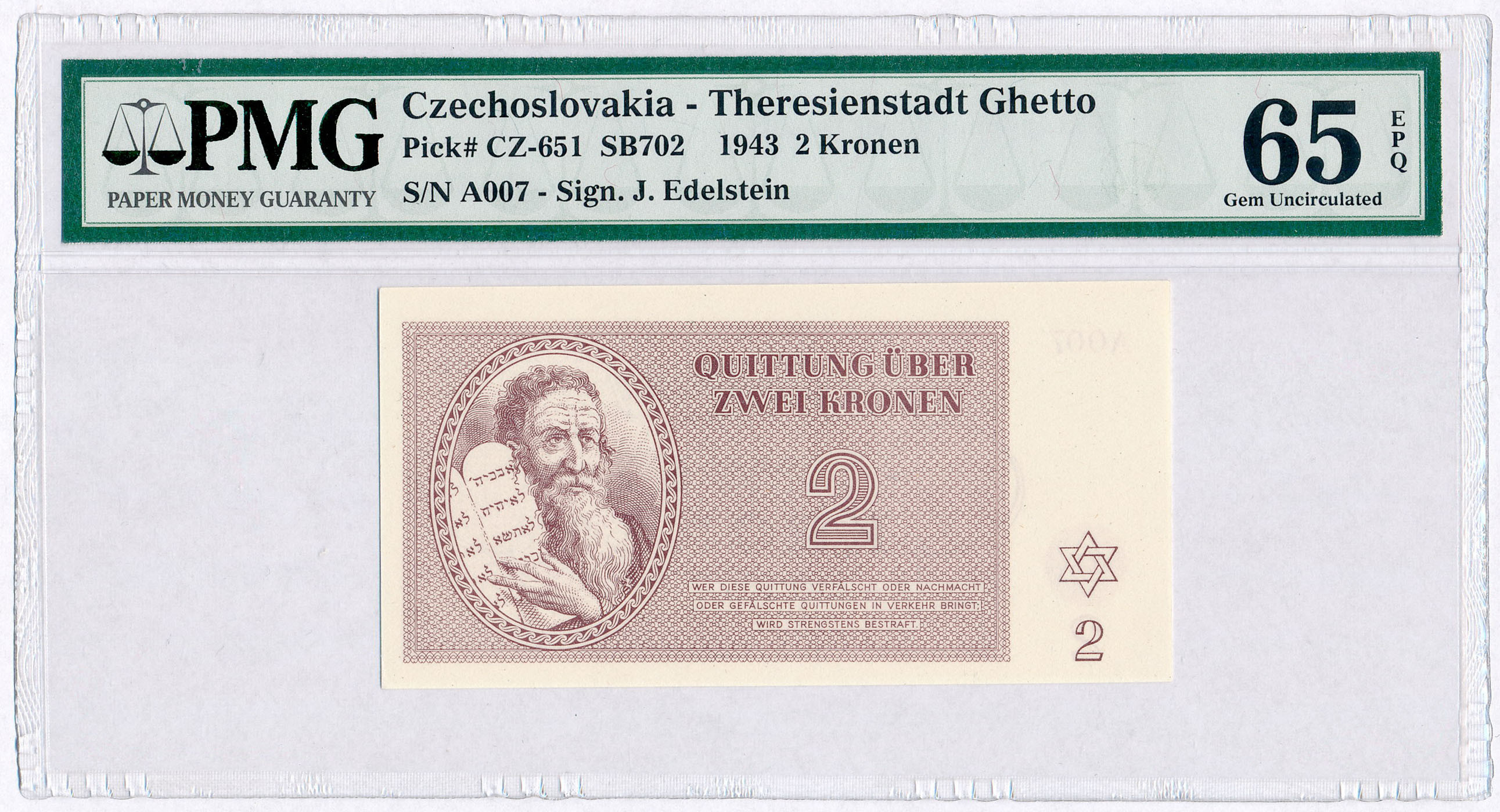 Czechosłowacja, Getto Terezin. 2 korony 1943 PMG 65 EPQ